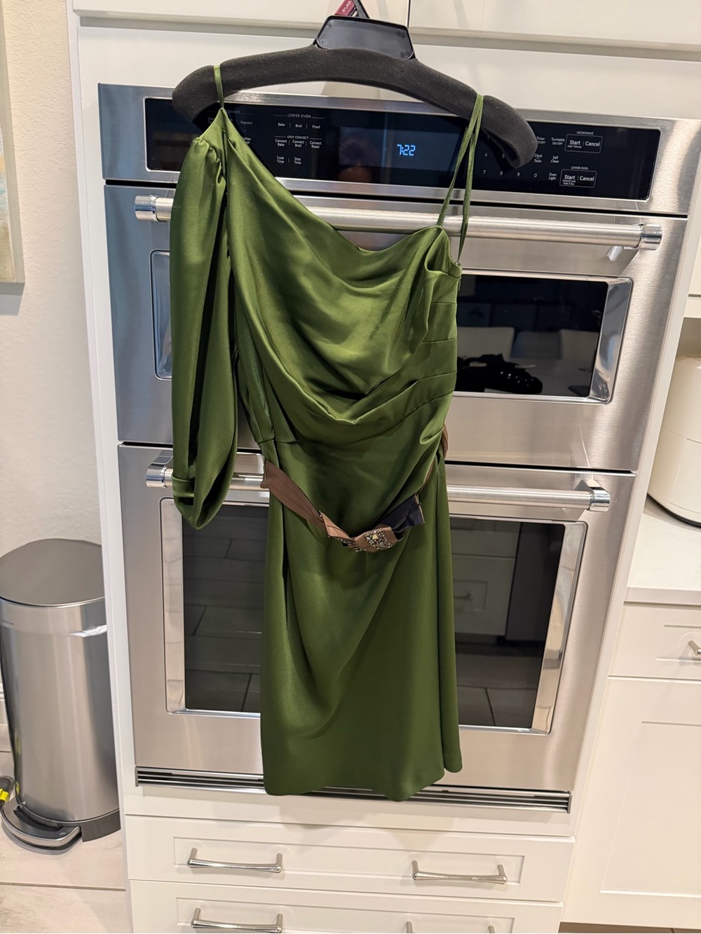 BCBGMaxAzria Olive Green One-Shoulder Satin Cocktail Dress